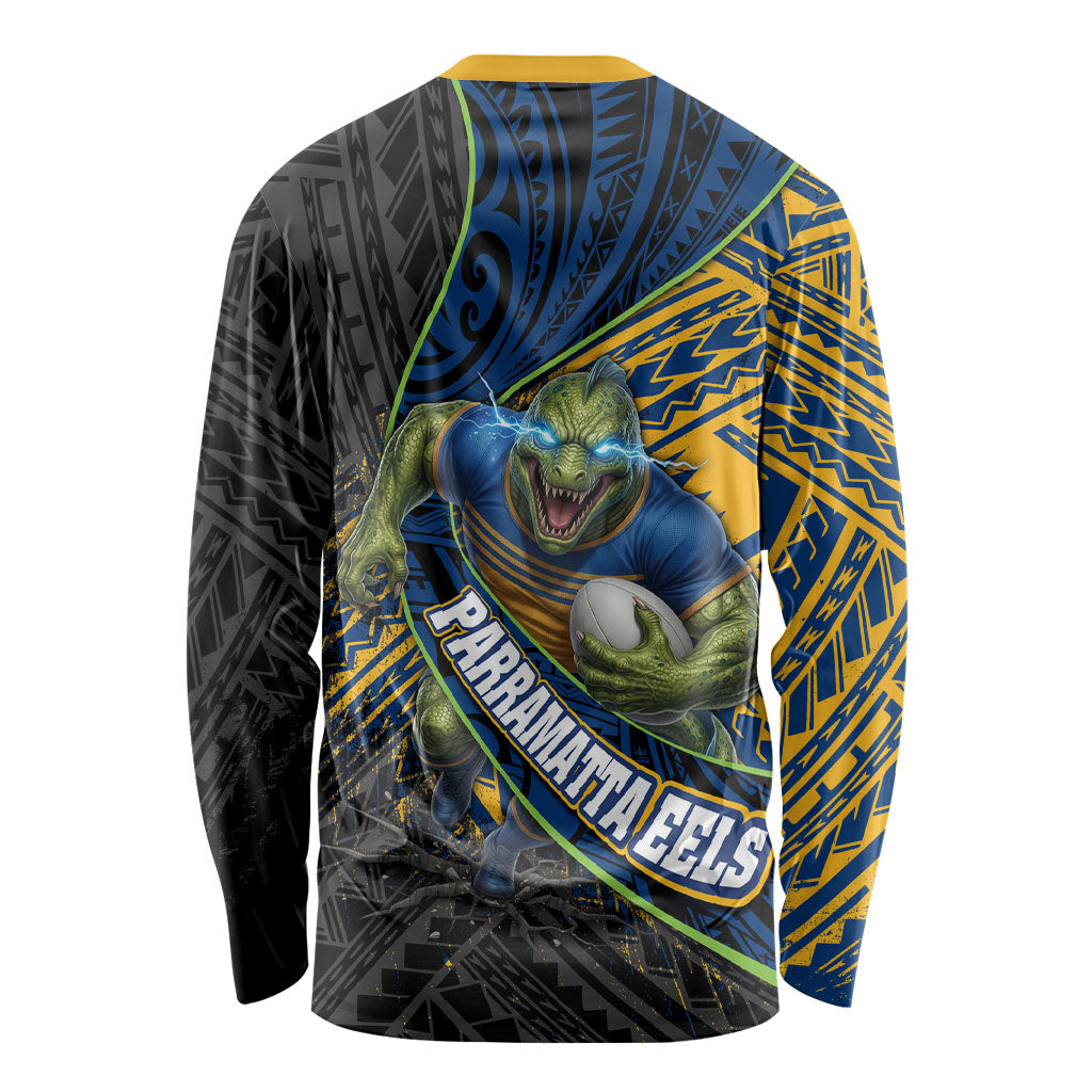 Parramatta Eels Rugby Long Sleeve Shirt Tribal Polynesian Power Art - Lightning Mascot