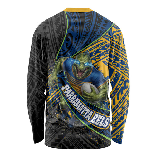 Parramatta Eels Rugby Long Sleeve Shirt Tribal Polynesian Power Art - Lightning Mascot