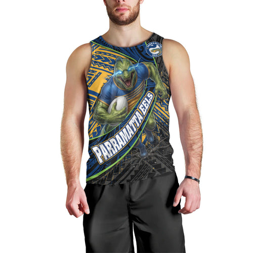 Parramatta Eels Rugby Men Tank Top Tribal Polynesian Power Art - Lightning Mascot