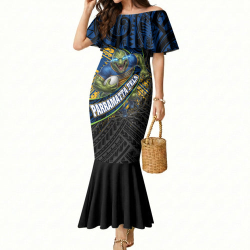 Parramatta Eels Rugby Mermaid Dress Tribal Polynesian Power Art - Lightning Mascot
