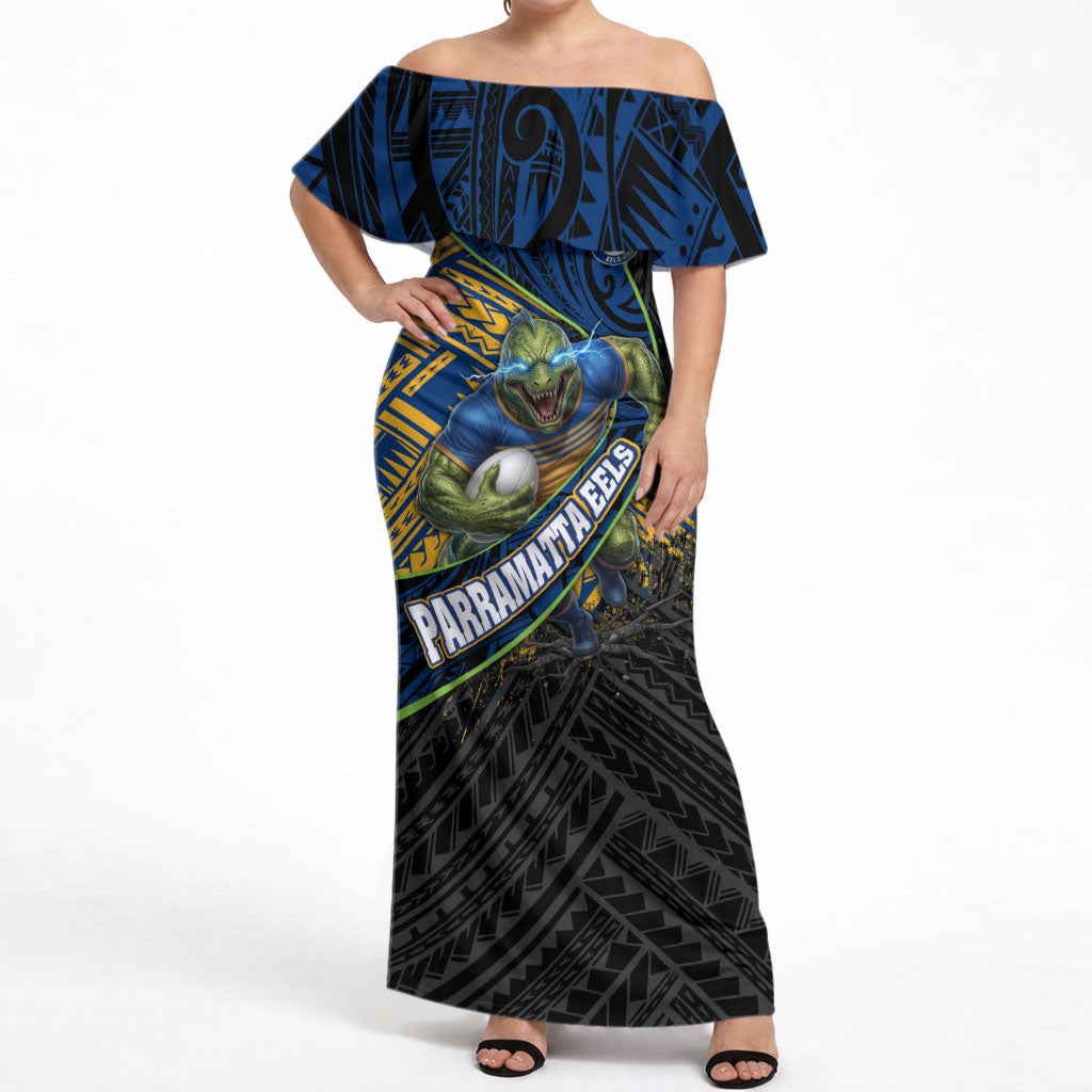 Parramatta Eels Rugby Off Shoulder Maxi Dress Tribal Polynesian Power Art - Lightning Mascot