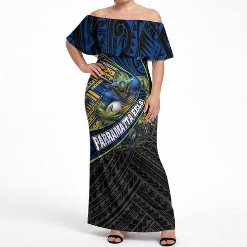 Parramatta Eels Rugby Off Shoulder Maxi Dress Tribal Polynesian Power Art - Lightning Mascot