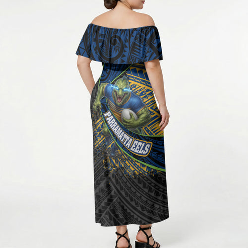 Parramatta Eels Rugby Off Shoulder Maxi Dress Tribal Polynesian Power Art - Lightning Mascot