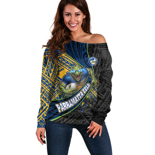 Parramatta Eels Rugby Off Shoulder Sweater Tribal Polynesian Power Art - Lightning Mascot