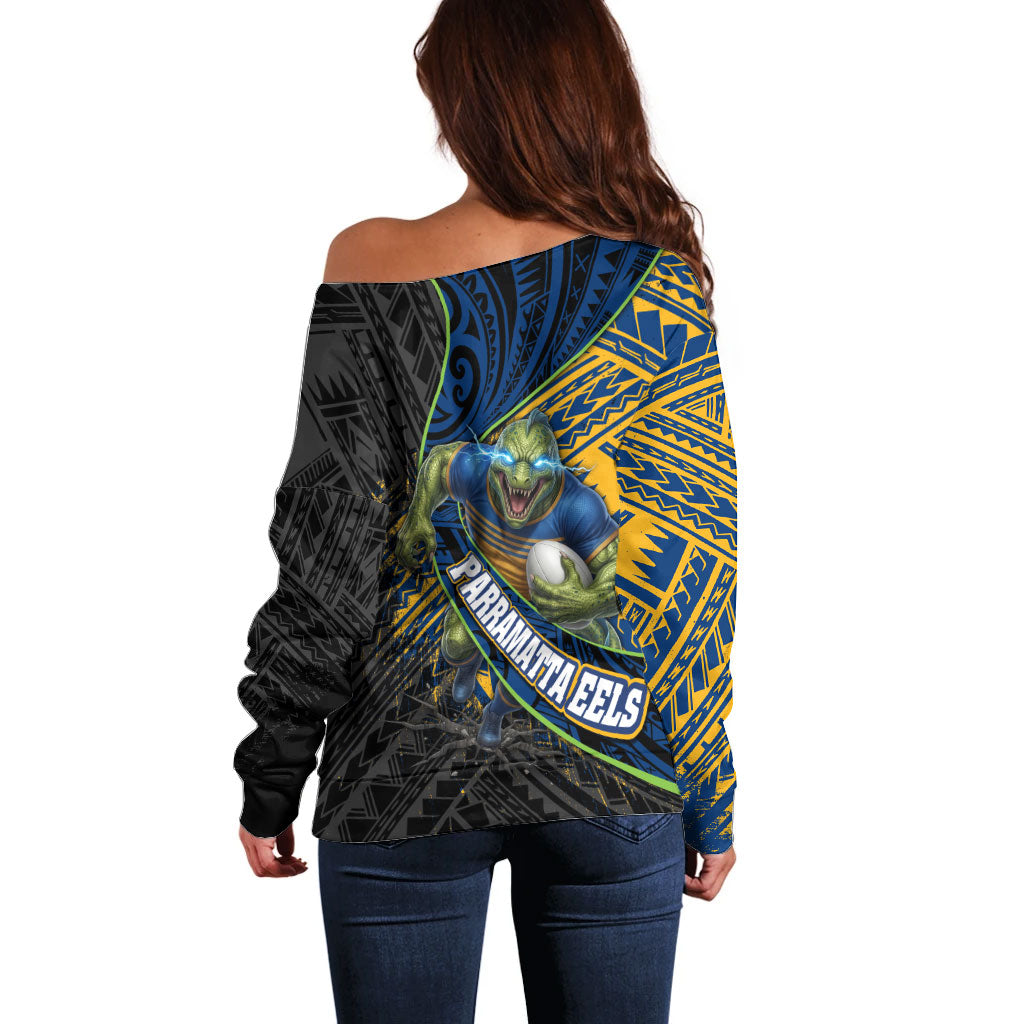 Parramatta Eels Rugby Off Shoulder Sweater Tribal Polynesian Power Art - Lightning Mascot