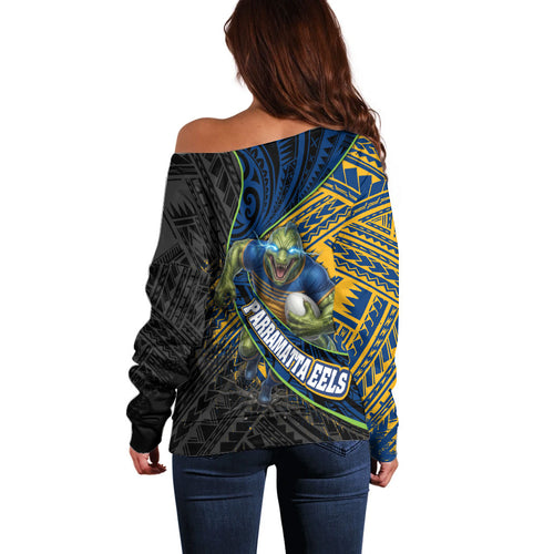 Parramatta Eels Rugby Off Shoulder Sweater Tribal Polynesian Power Art - Lightning Mascot