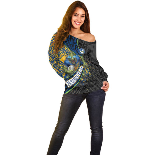 Parramatta Eels Rugby Off Shoulder Sweater Tribal Polynesian Power Art - Lightning Mascot