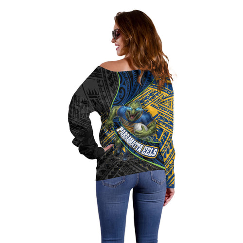 Parramatta Eels Rugby Off Shoulder Sweater Tribal Polynesian Power Art - Lightning Mascot