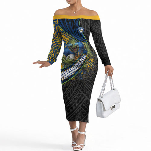 Parramatta Eels Rugby Off The Shoulder Long Sleeve Dress Tribal Polynesian Power Art - Lightning Mascot