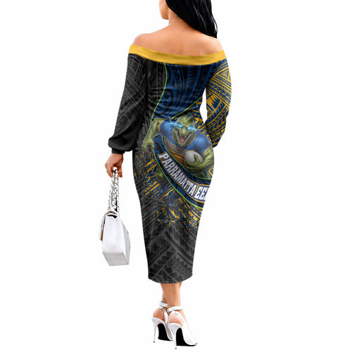 Parramatta Eels Rugby Off The Shoulder Long Sleeve Dress Tribal Polynesian Power Art - Lightning Mascot
