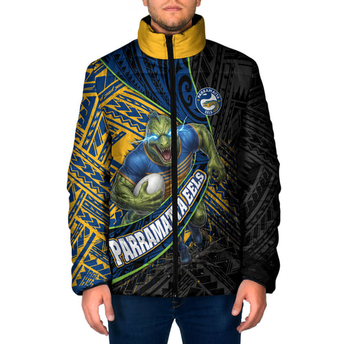 Parramatta Eels Rugby Padded Jacket Tribal Polynesian Power Art - Lightning Mascot