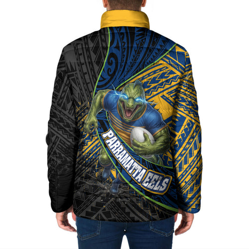Parramatta Eels Rugby Padded Jacket Tribal Polynesian Power Art - Lightning Mascot