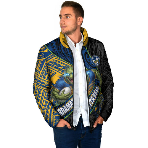 Parramatta Eels Rugby Padded Jacket Tribal Polynesian Power Art - Lightning Mascot