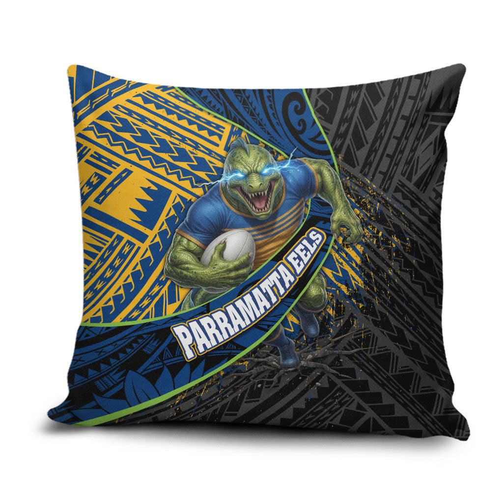 Parramatta Eels Rugby Pillow Cover Tribal Polynesian Power Art - Lightning Mascot
