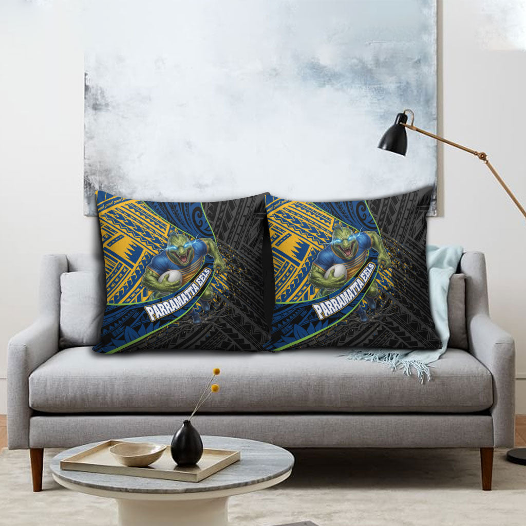 Parramatta Eels Rugby Pillow Cover Tribal Polynesian Power Art - Lightning Mascot