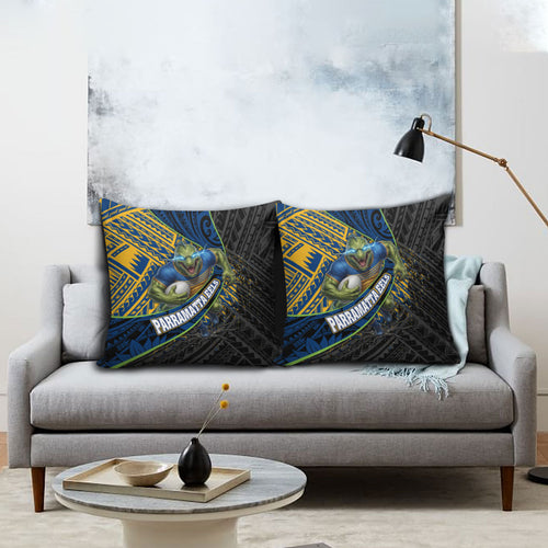 Parramatta Eels Rugby Pillow Cover Tribal Polynesian Power Art - Lightning Mascot