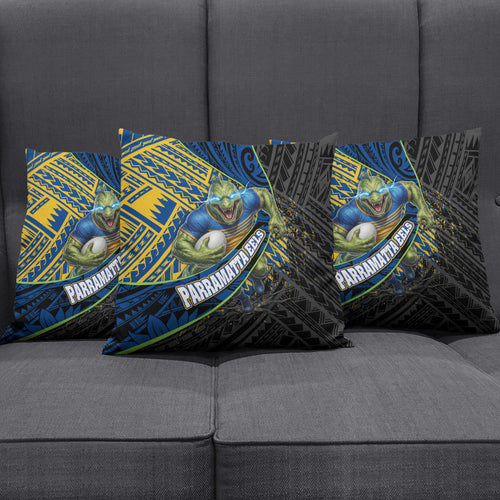 Parramatta Eels Rugby Pillow Cover Tribal Polynesian Power Art - Lightning Mascot
