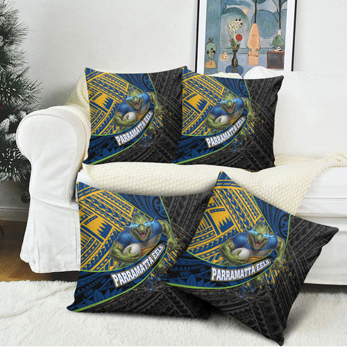 Parramatta Eels Rugby Pillow Cover Tribal Polynesian Power Art - Lightning Mascot