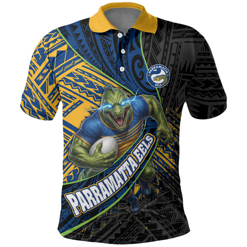 Parramatta Eels Rugby Polo Shirt Tribal Polynesian Power Art - Lightning Mascot