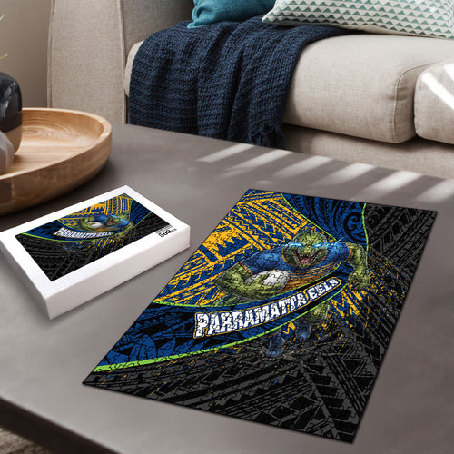 Parramatta Eels Rugby Puzzle Tribal Polynesian Power Art - Lightning Mascot