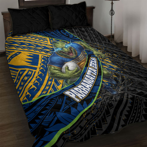 Parramatta Eels Rugby Quilt Bed Set Tribal Polynesian Power Art - Lightning Mascot