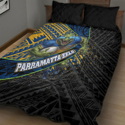 Parramatta Eels Rugby Quilt Bed Set Tribal Polynesian Power Art - Lightning Mascot
