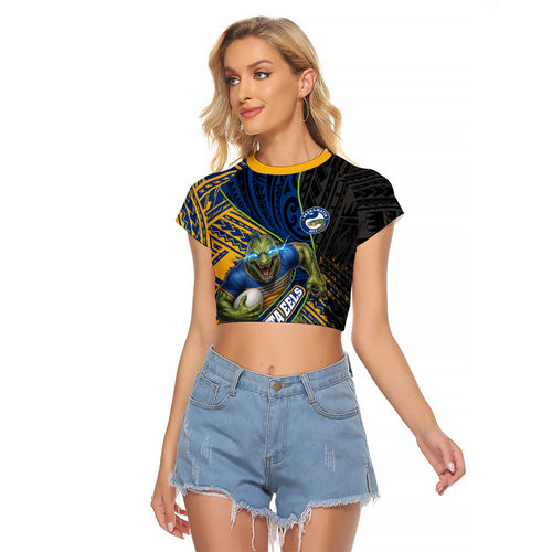Parramatta Eels Rugby Raglan Cropped T Shirt Tribal Polynesian Power Art - Lightning Mascot