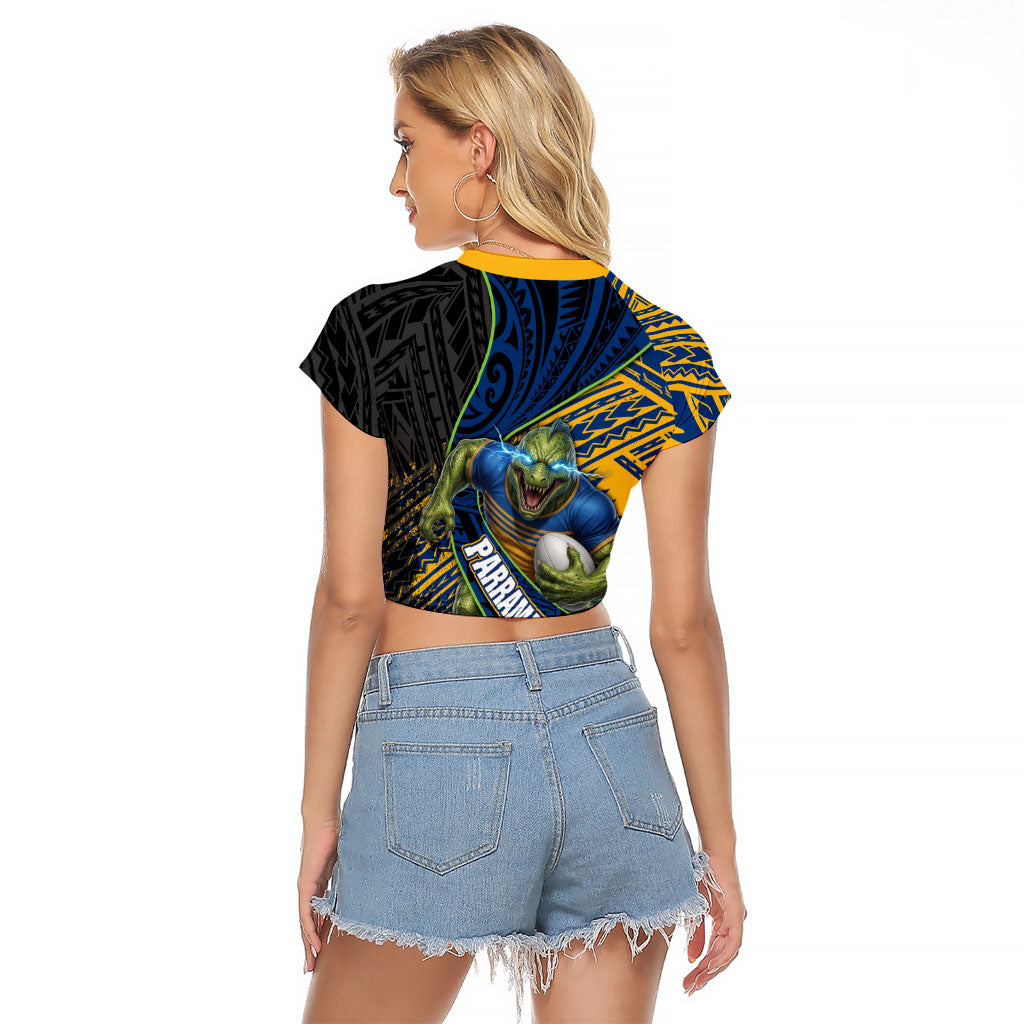 Parramatta Eels Rugby Raglan Cropped T Shirt Tribal Polynesian Power Art - Lightning Mascot