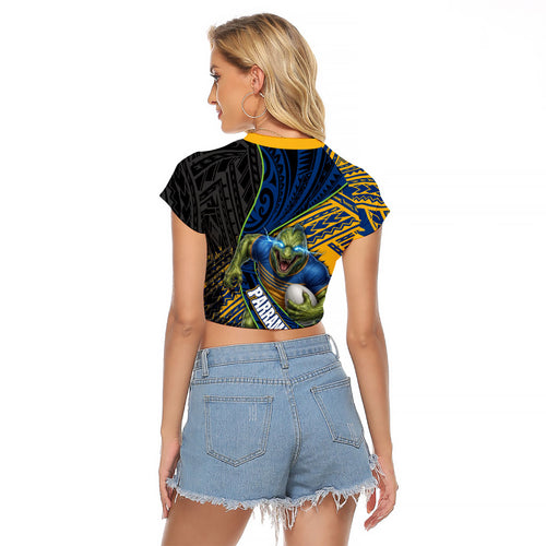 Parramatta Eels Rugby Raglan Cropped T Shirt Tribal Polynesian Power Art - Lightning Mascot