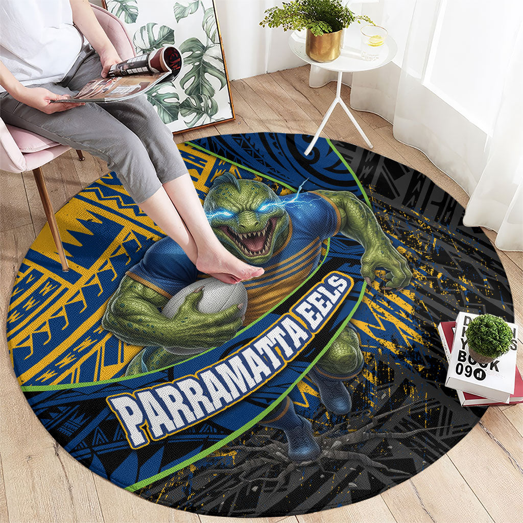 Parramatta Eels Rugby Round Carpet Tribal Polynesian Power Art - Lightning Mascot