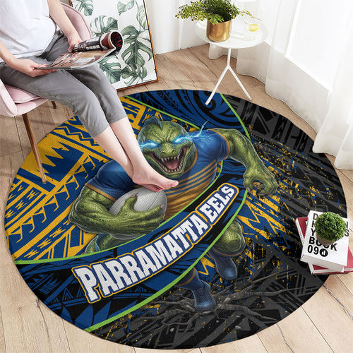 Parramatta Eels Rugby Round Carpet Tribal Polynesian Power Art - Lightning Mascot
