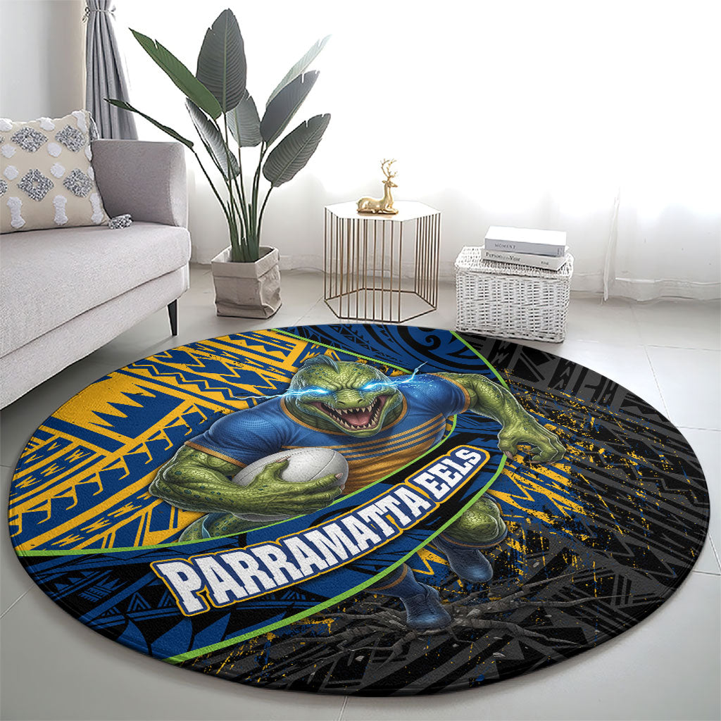 Parramatta Eels Rugby Round Carpet Tribal Polynesian Power Art - Lightning Mascot