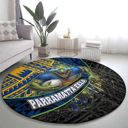 Parramatta Eels Rugby Round Carpet Tribal Polynesian Power Art - Lightning Mascot