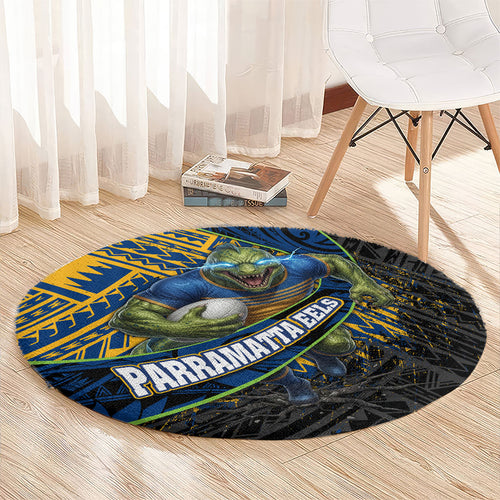 Parramatta Eels Rugby Round Carpet Tribal Polynesian Power Art - Lightning Mascot