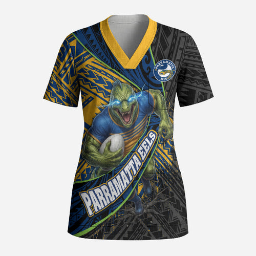 Parramatta Eels Rugby Scrub Top Tribal Polynesian Power Art - Lightning Mascot