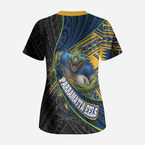 Parramatta Eels Rugby Scrub Top Tribal Polynesian Power Art - Lightning Mascot