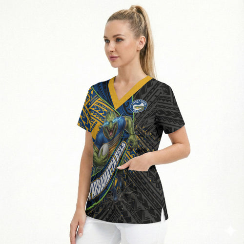 Parramatta Eels Rugby Scrub Top Tribal Polynesian Power Art - Lightning Mascot