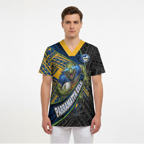 Parramatta Eels Rugby Scrub Top Tribal Polynesian Power Art - Lightning Mascot