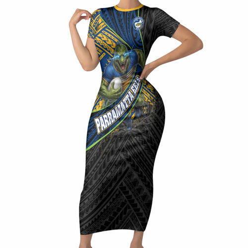 Parramatta Eels Rugby Short Sleeve Bodycon Dress Tribal Polynesian Power Art - Lightning Mascot