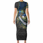 Parramatta Eels Rugby Short Sleeve Bodycon Dress Tribal Polynesian Power Art - Lightning Mascot