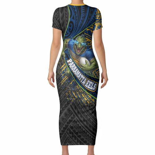 Parramatta Eels Rugby Short Sleeve Bodycon Dress Tribal Polynesian Power Art - Lightning Mascot