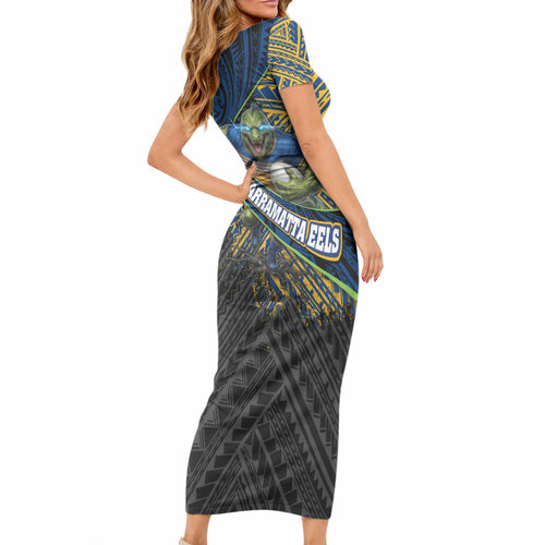 Parramatta Eels Rugby Short Sleeve Bodycon Dress Tribal Polynesian Power Art - Lightning Mascot