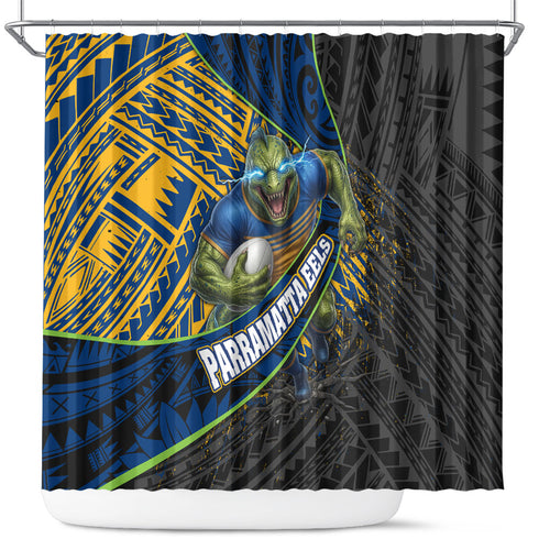 Parramatta Eels Rugby Shower Curtain Tribal Polynesian Power Art - Lightning Mascot