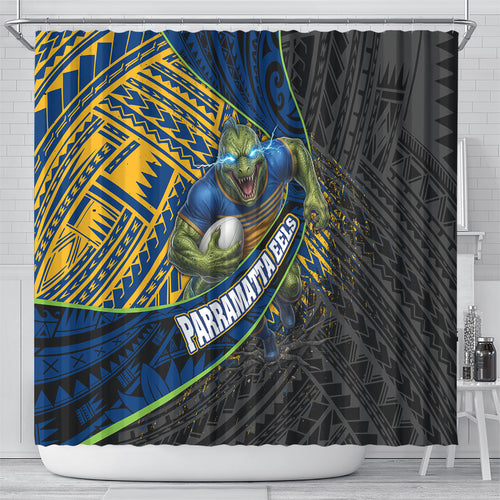 Parramatta Eels Rugby Shower Curtain Tribal Polynesian Power Art - Lightning Mascot