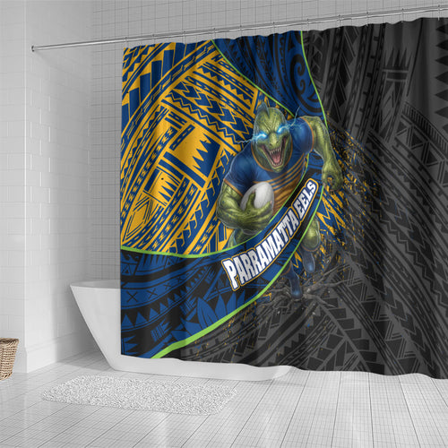 Parramatta Eels Rugby Shower Curtain Tribal Polynesian Power Art - Lightning Mascot