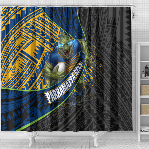 Parramatta Eels Rugby Shower Curtain Tribal Polynesian Power Art - Lightning Mascot