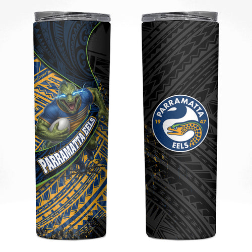 Parramatta Eels Rugby Skinny Tumbler Tribal Polynesian Power Art - Lightning Mascot