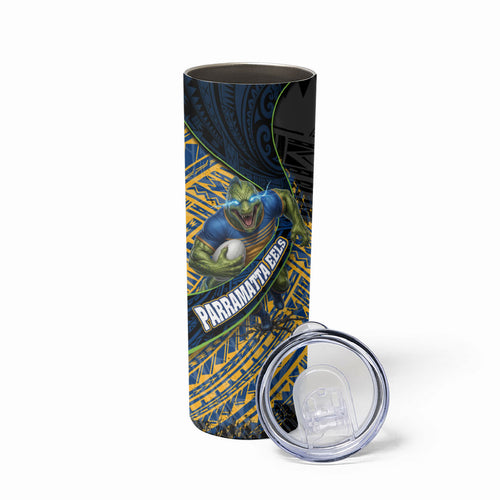 Parramatta Eels Rugby Skinny Tumbler Tribal Polynesian Power Art - Lightning Mascot