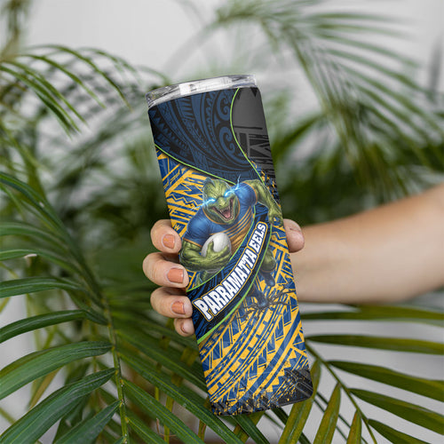 Parramatta Eels Rugby Skinny Tumbler Tribal Polynesian Power Art - Lightning Mascot