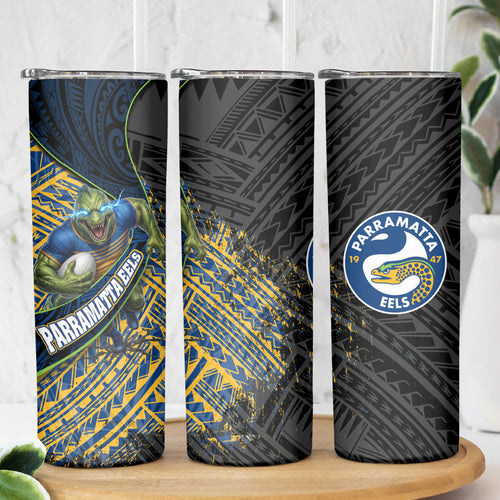 Parramatta Eels Rugby Skinny Tumbler Tribal Polynesian Power Art - Lightning Mascot